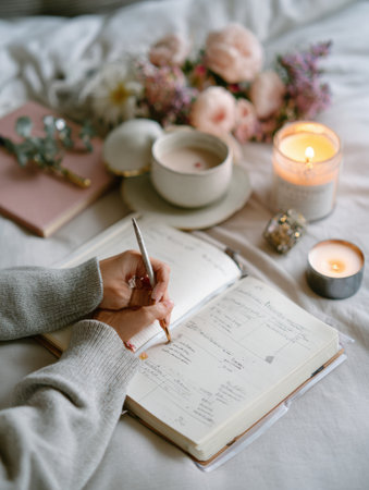 A person is journaling by candlelight with a wellness-themed notebook open, surrounded by flowers and a calming cup of tea in a cozy evening atmosphere.の素材