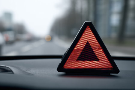 Dashboard displays a red warning triangle, signaling a possible malfunction or alert, set against a blurred urban backdrop.の素材
