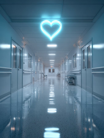 Bright hallway in a contemporary hospital features a glowing heart sign and smooth reflective floors, creating a calm atmosphere for patients and visitors.の素材