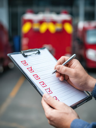 A technician is checking a vehicles emergency readiness checklist at a garage to ensure preparedness for afternoon emergencies.の素材