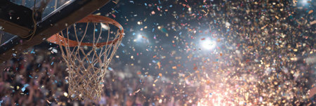 Crowd erupts in celebration as confetti explodes around the basketball hoop, capturing the excitement of a thrilling game with enthusiasm and energy.の素材