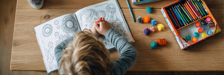 A child is focused on coloring various eye shapes in an educational book while surrounded by vibrant art supplies on a wooden tabletop.の素材