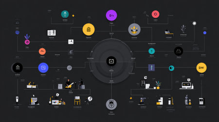 Infographic showing a creative agencys team structure, detailing roles and relationships among strategists, designers, developers, and copywriters.の素材
