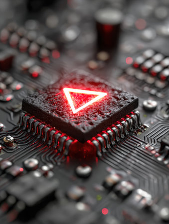A burnt microchip features a red blinking light alongside a warning mark, signaling possible issues in electronic circuitry detected during operation.の素材