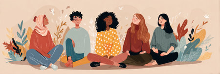 Five people share a culturally aware therapy discussion, emphasizing inclusivity, connection, and support in a lively, nature-inspired setting.の素材