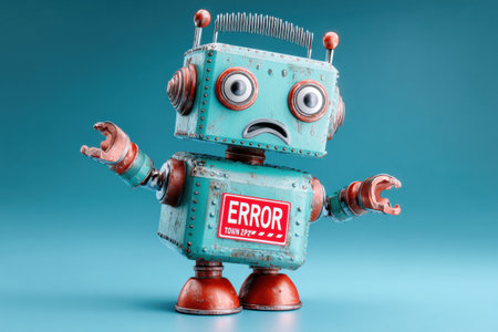 A cartoon-styled robot stands with a puzzled expression, an open top revealing its inner workings. It displays an ERROR sign in a vibrant blue setting.の素材