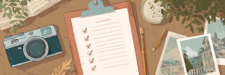 A curated checklist outlines essential moments to document during first-day experiences, featuring a camera, notes, and vibrant memories from school or events.の素材