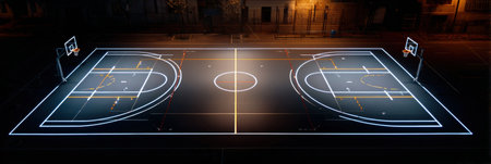 Bright lights outline a large bracket on an empty basketball court, showcasing clean markings in the evening, ready for an exciting competition.の素材