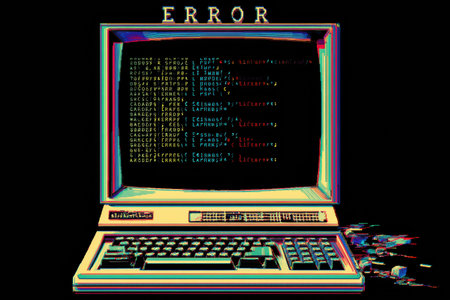 A retro command prompt terminal showcases scrolling error messages while the upper space remains clear, creating a nostalgic tech aesthetic.の素材