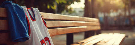 A clean wooden bench holds a vibrant jersey and a towel, illuminated by soft sunlight, creating a calm atmosphere in an outdoor space.の素材
