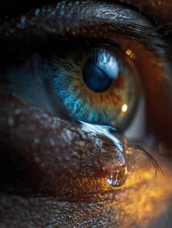 Close-up shot showcases the intricate details of an eye, featuring a tear droplet and vibrant colors illuminated by soft cinematic lighting on the right.の素材