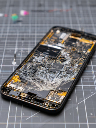 A busted touchscreen device displays significant internal damage and shattered glass, positioned on a clean surface, indicating a system failure.の素材