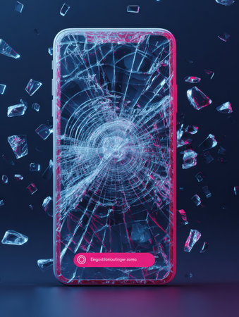 A smartphone with a shattered screen displays an error message while surrounded by fragments of glass, emphasizing its damaged state in a dark setting.の素材