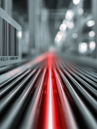 A failed barcode scanner displays a red laser line on metallic rails in an industrial warehouse. The upper portion remains empty and out of focus.の素材