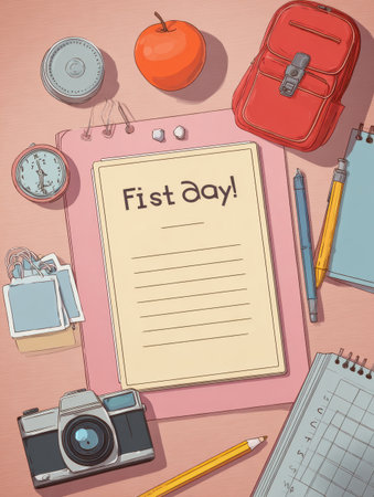 This visual guide has a checklist for capturing first-day memories with essentials like a camera, apple, and school supplies.の素材