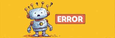 A puzzled cartoon robot with an open top and an error sign humorously represents tech failure on a bright yellow background.の素材