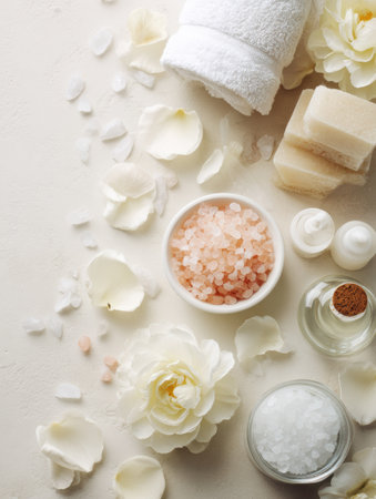 Indulge in a calming spa atmosphere featuring bath salts, soft foam, and delicate flower petals arranged elegantly in a pristine white bath environment.の素材