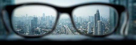 A high-rise city view is blurred outside the window, while glasses bring the upper area of the skyline into sharp focus, revealing towering buildings.の素材
