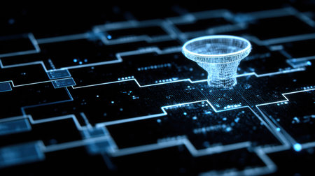 A glowing basketball bracket chart appears suspended in digital cyberspace, showing intricate designs and clean lines typical of tournament layouts.の素材