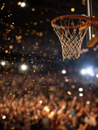 Confetti showers around a basketball hoop as fans cheer wildly in the background, creating an electrifying atmosphere during a pivotal moment of the game.の素材