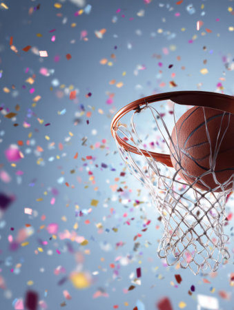 A basketball is flying through the air aiming for the hoop, while colorful confetti rains down, adding excitement to the moment and leaving the room for text.の素材
