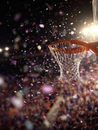 Confetti bursts around a basketball hoop as fans cheer in a lively arena, creating an energetic backdrop for a thrilling sporting event.の素材