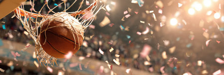 A basketball flies through the hoop as colorful confetti cascades around the empty arena, creating an atmosphere of excitement and celebration during a game.の素材