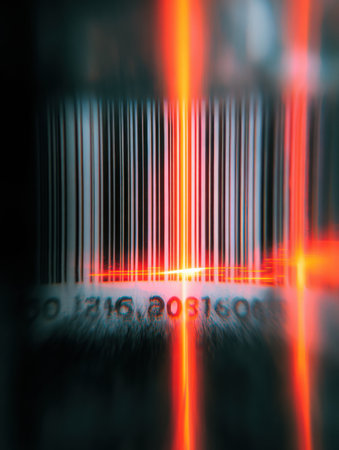 A barcode scanner failure occurs, showing a blurred barcode with a prominent red line across the upper section, indicating an error in reading.の素材