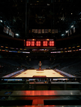 An empty arena displays a spotlight on the court with an off scoreboard, creating an atmosphere of anticipation before the game beginsの素材