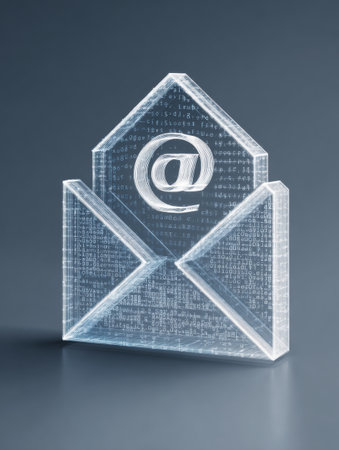 An email address icon sits prominently, layered with encrypted patterns, symbolizing digital communications security and privacy measures.の素材