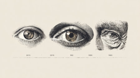 Illustration shows the human eyes changes from youth to old age, highlighting distinct transformations over the years.の素材