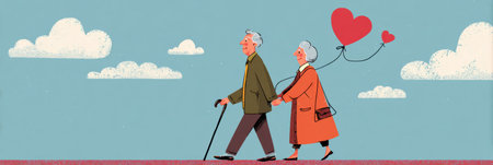 An elderly couple walks hand in hand, the woman holding a heart-shaped cane as they stroll along a colorful path under a blue sky with fluffy clouds.の素材