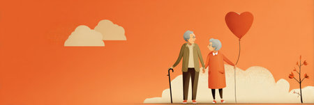 An elderly couple walks hand in hand, holding a heart-shaped cane, enjoying a romantic moment in a warm environment with soft clouds above them.の素材