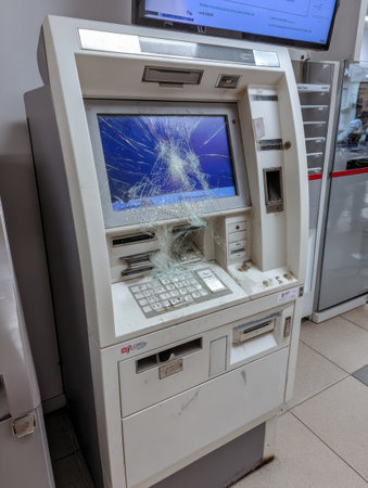 A touchscreen ATM shows visible damage with a critical fault message displayed, located in a financial institution during daytime operations.の素材