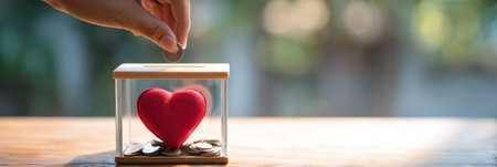 Hand gently places a coin into a donation box shaped like a heart, demonstrating kindness and support for a cause at a community gathering.の素材