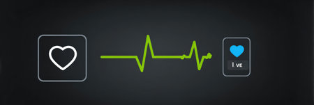 An ECG device showcases a heart icon and a live pulse waveform in vivid green against a dark backdrop, indicating real-time heart activity tracking.の素材