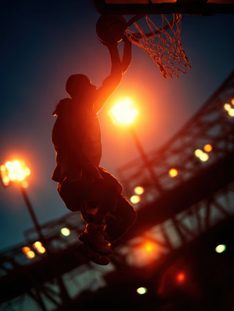 A silhouette of a player performing a high-flying dunk against vibrant stadium lights at dusk, showcasing athleticism and excitement during the game.の素材