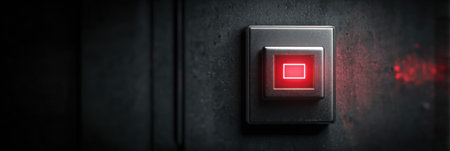 A digital lock is prominently displayed with a vivid red access denied alert, indicating restricted entry. The area around the lock remains in shadow.の素材