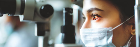 A doctor carefully examines a patients eye through a slit lamp in a medical office, highlighting the attention to detail and professionalism.の素材