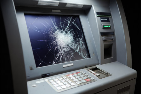 Touchscreen ATM with a shattered display shows a critical fault message.の素材