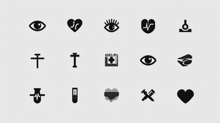 Simple icon pack featuring various eye health symbols against a clean background, designed to enhance understanding of eye care and wellness.の素材