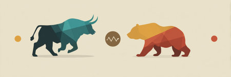 This infographic illustrates stock market basics featuring bull and bear icons against a clean pastel background. Ideal for beginners or investors.の素材