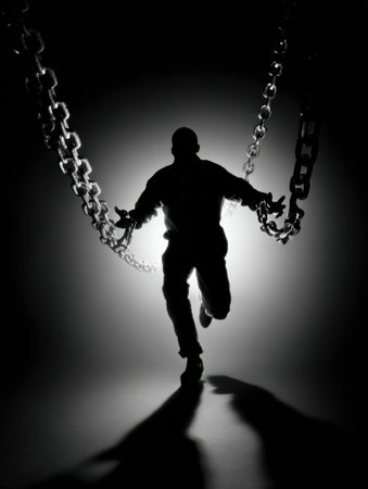 A shadowy figure runs towards freedom, breaking free from chains that represent online constraints, symbolizing liberation and empowerment.の素材