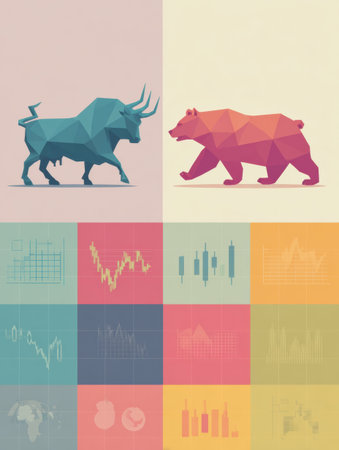 Visual representation of stock market basics featuring bull and bear icons against a clean pastel background with various market charts.の素材