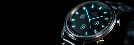 Smartwatch features glowing GPS and privacy lock symbols, showing advanced technology and security for users in various activities and locations.の素材