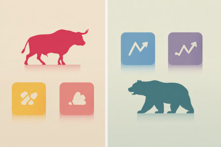 Bull and bear icons represent different market trends in a visually appealing infographic that simplifies stock market concepts for beginners and enthusiasts.の素材