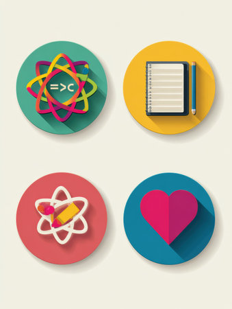 Colorful icons representing math, science, art, and language highlight the importance of these subjects in education, designed for a classroom environment.の素材