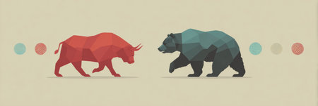 Infographic demonstrates fundamental stock market concepts using bull and bear icons set against a clean pastel background, ideal for beginners in finance.の素材