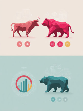 Illustration explains stock market fundamentals featuring bull and bear icons against a pastel backdrop. Ideal for beginners learning financial concepts.の素材