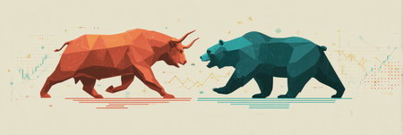 This infographic shows stock market basics with bull and bear icons on a soft pastel background, effectively illustrating market dynamics.の素材